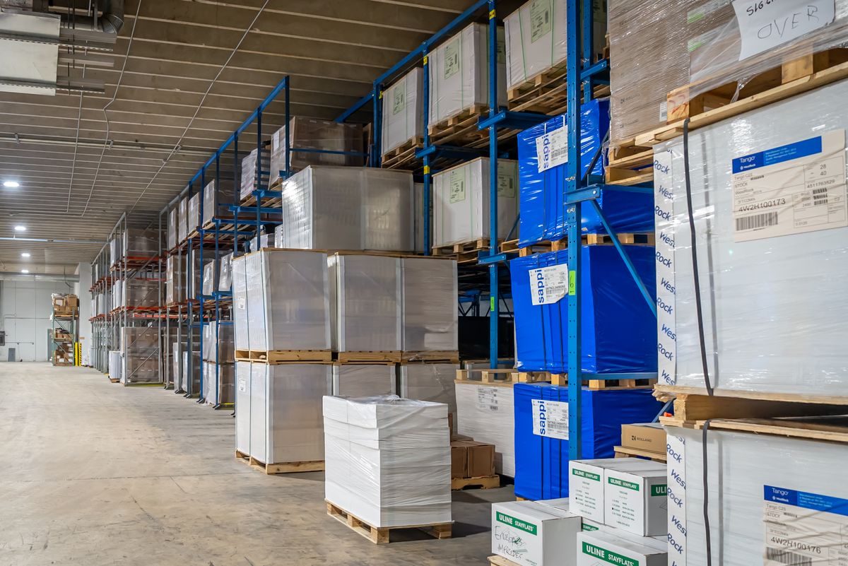 Paper and stock racking at the Solo Printing facility in Miami