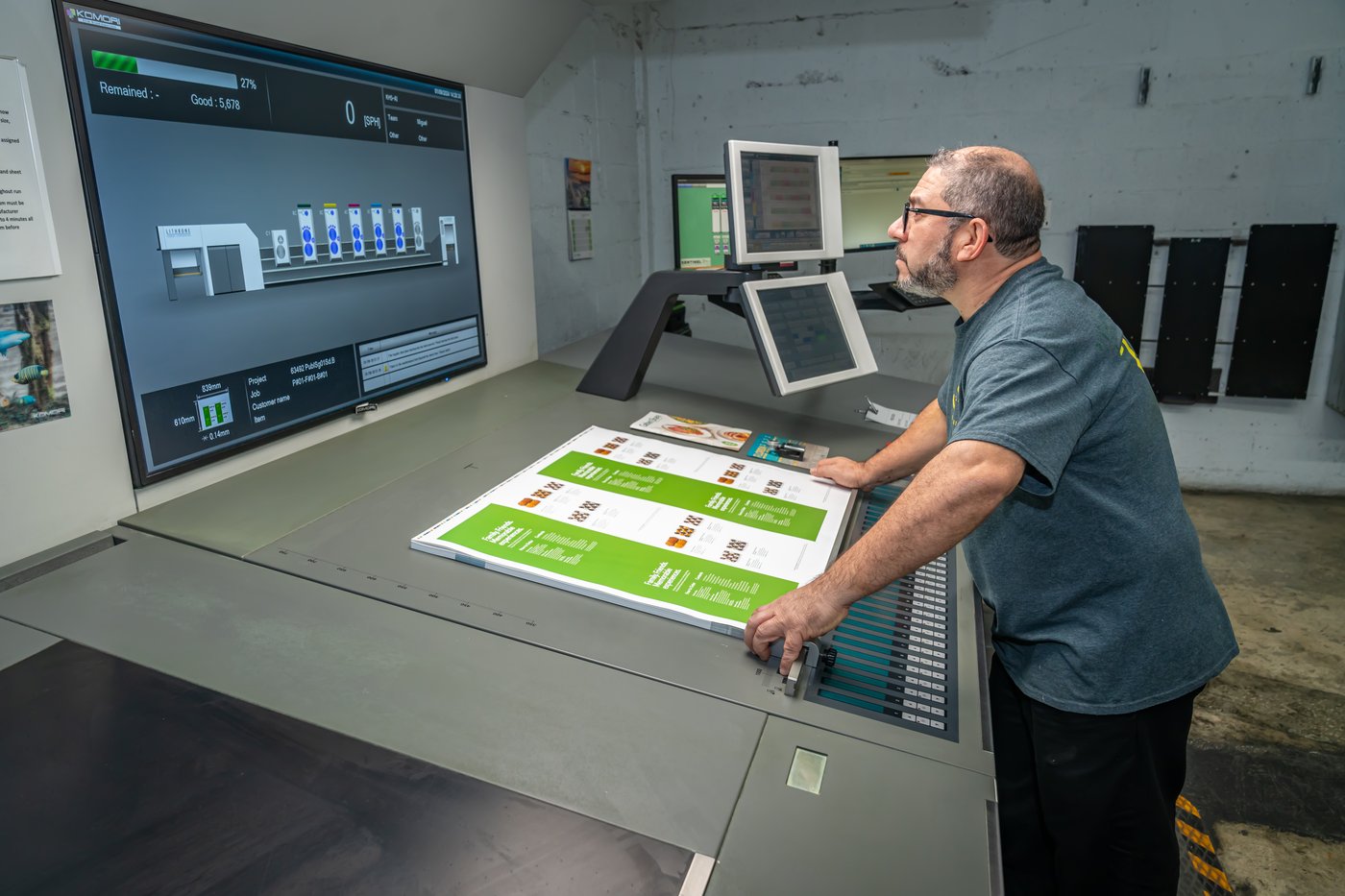 Solo Printing operator at the offset press color console in Miami